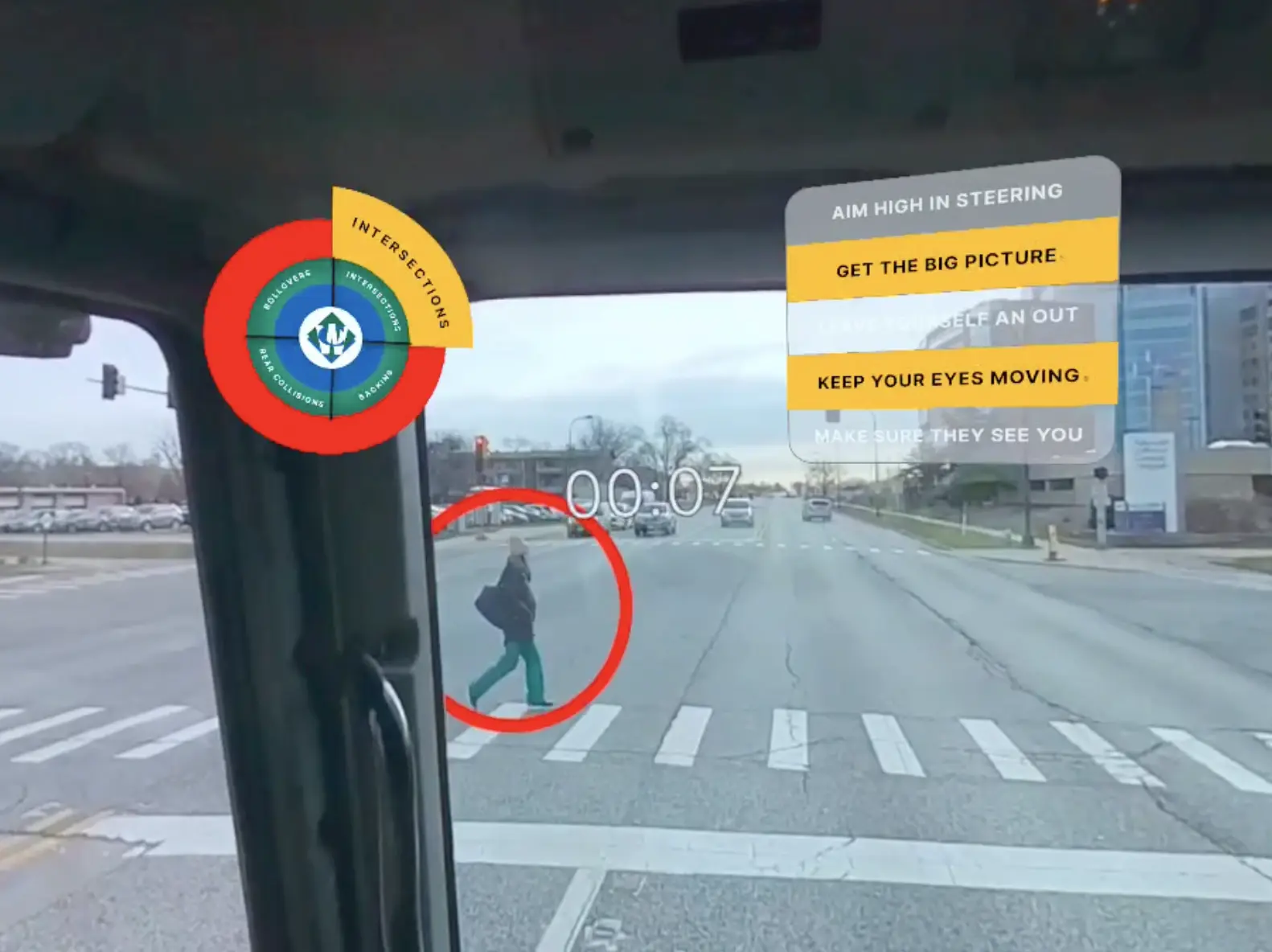 A VR scene of an intersection with indicators for danger.