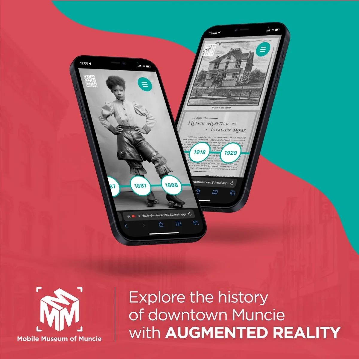 Images of a mobile phone showcasing a historical building in augmented reality.