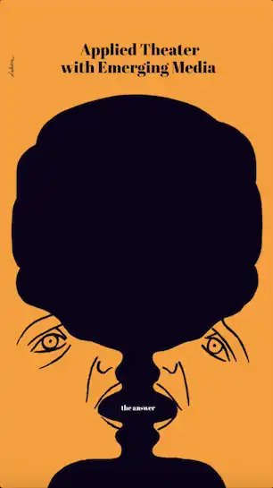 A picture of orange faces in the background of the Applied Theater with Emerging Media App, Our Reality