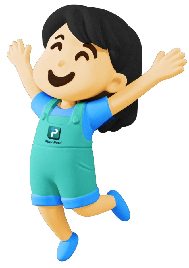 A jumping girl in blue overalls.